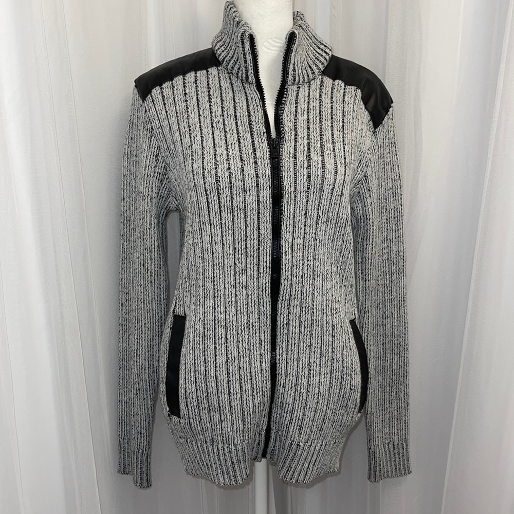 XRAY Jeans Mens Cardigan Sweater Faux Leather Trim Size Large